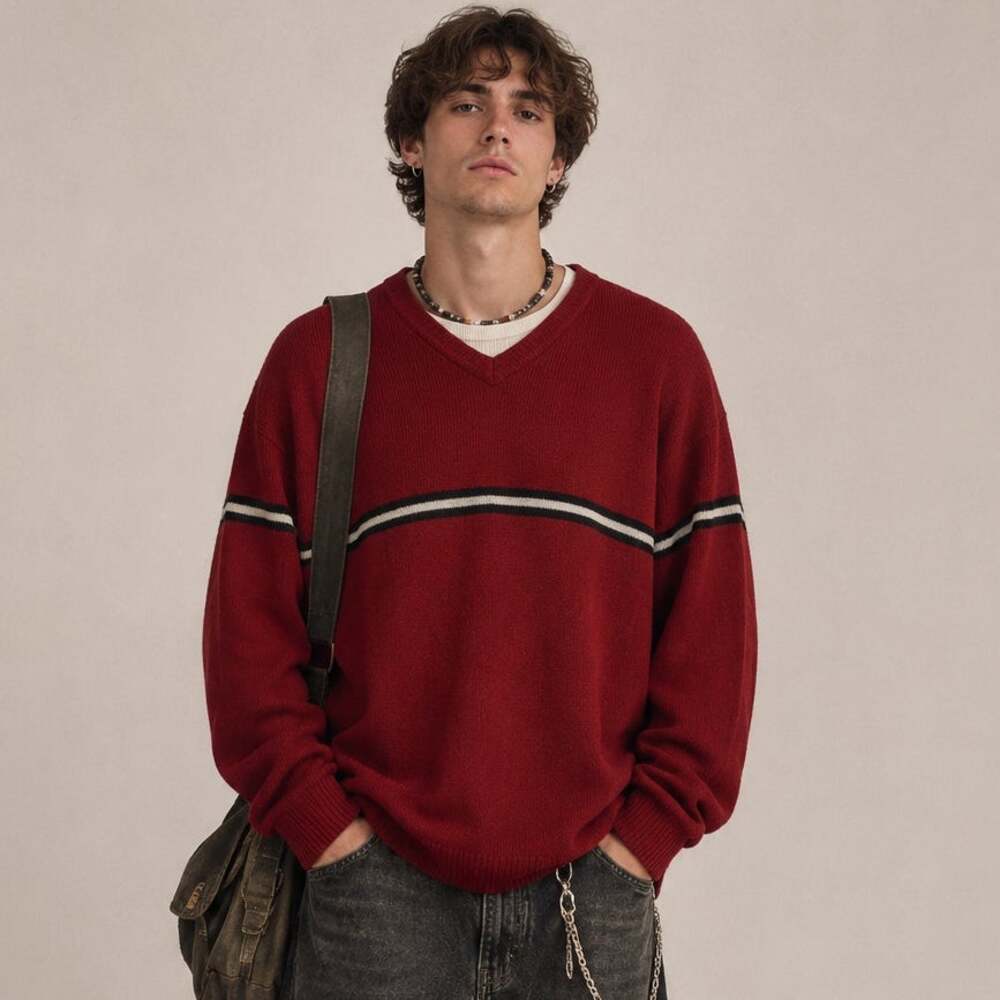 Vintage 90s Grunge Varsity Stripe Sweater XL Brunt Orange Academia Preppy Y2K